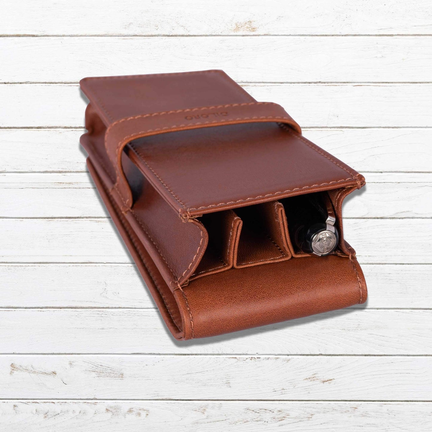 DiLoro Leather Triple Pen Case Pencil Pouch Holder for Three Fountain Ballpoint Rollerball Pens and Pencils (Bugatti Tan)