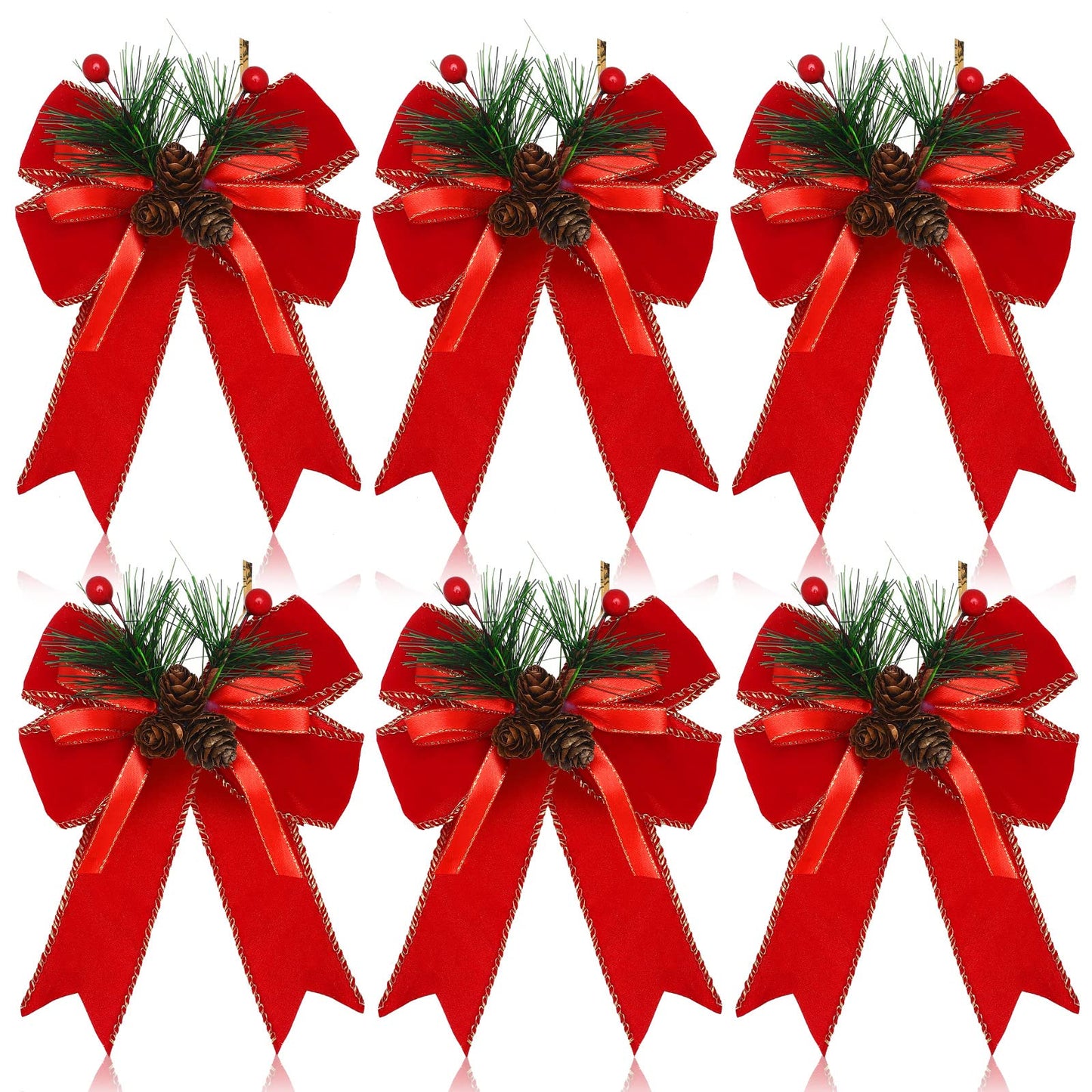 Syhood 6 Pcs Christmas Bows with Pine Cones Pine Needles Xmas Velvet Bows Red Ribbon Christmas Tree Wreath Decoration for Xmas Parties Indoor Outdoor Crafts DIY Decor