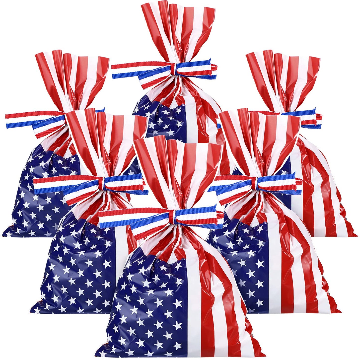 Tenare 100 Pcs Patriotic Gift Cellophane Bags Bulk 4th of July Plastic Red White Blue Flag Treat Goodie Bags 250th Anniversary Treat Goodie Candy Pouches with Ribbon for Independence Day Party Favors