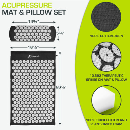 ProsourceFit Acupressure Mat and Pillow Set for Back/Neck Pain Relief and Muscle Relaxation, Black