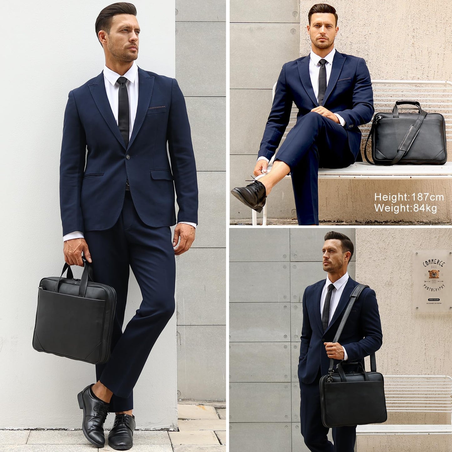 Masa Kawa Black Leather Slim Briefcase 14 Inch Laptop Bag for Men Crossbody Shoulder Messenger Computer Bags Attache Case for Business Work Lawyer