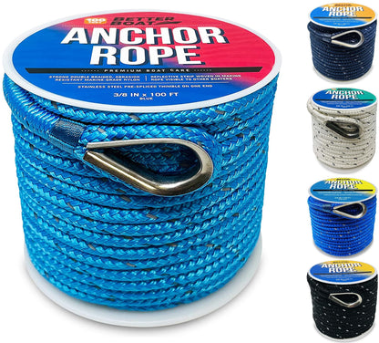 Better Boat Premium Anchor Rope, 100 Ft Double Braided White Nylon Marine Line, Reflective 3/8 Inch Reel for Anchors and Boats - Blue