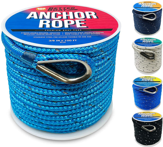 Better Boat Premium Anchor Rope, 100 Ft Double Braided White Nylon Marine Line, Reflective 3/8 Inch Reel for Anchors and Boats - Blue
