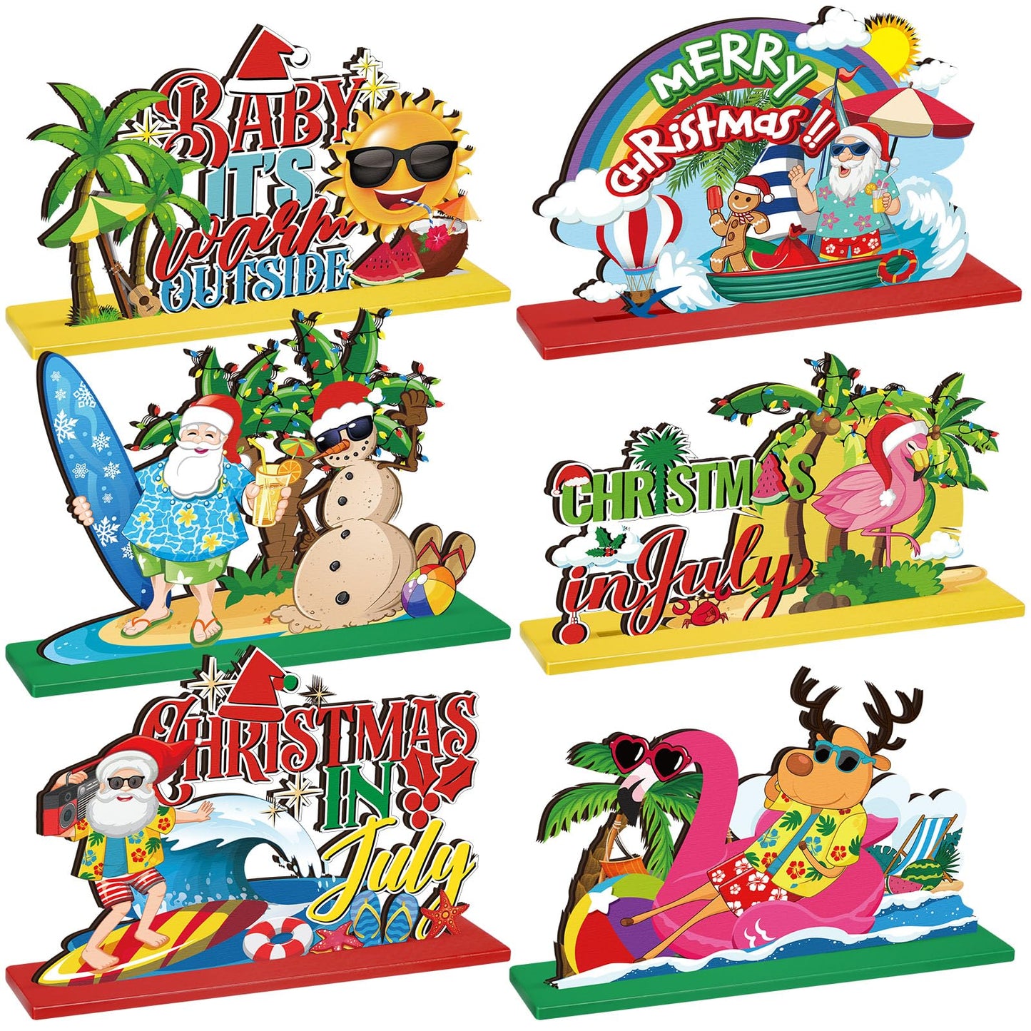 6 Pcs Summer Christmas in July Wooden Table Decoration July Summer Table Centerpiece Sets Decor Christmas Party Supplies Santa Flamingo Palm Tree Beach Party Table Decorations Holiday Xmas Supplies