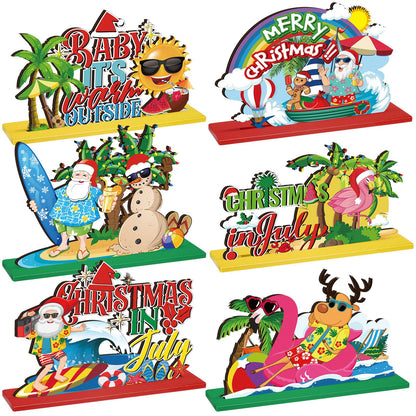6 Pcs Summer Christmas in July Wooden Table Decoration July Summer Table Centerpiece Sets Decor Christmas Party Supplies Santa Flamingo Palm Tree Beach Party Table Decorations Holiday Xmas Supplies
