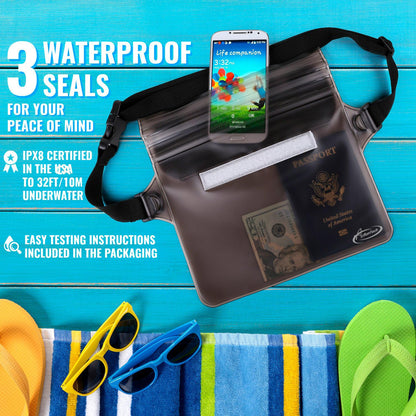 AiRunTech Waterproof Fanny Pack, Beach Cruise Vacation Essentials, Waterproof Pouch Protect Phone Passport Valuables Dry Safety, Paddle Board Kayaking Boating Swimming Accessories-2 Pack（Black + Pink）