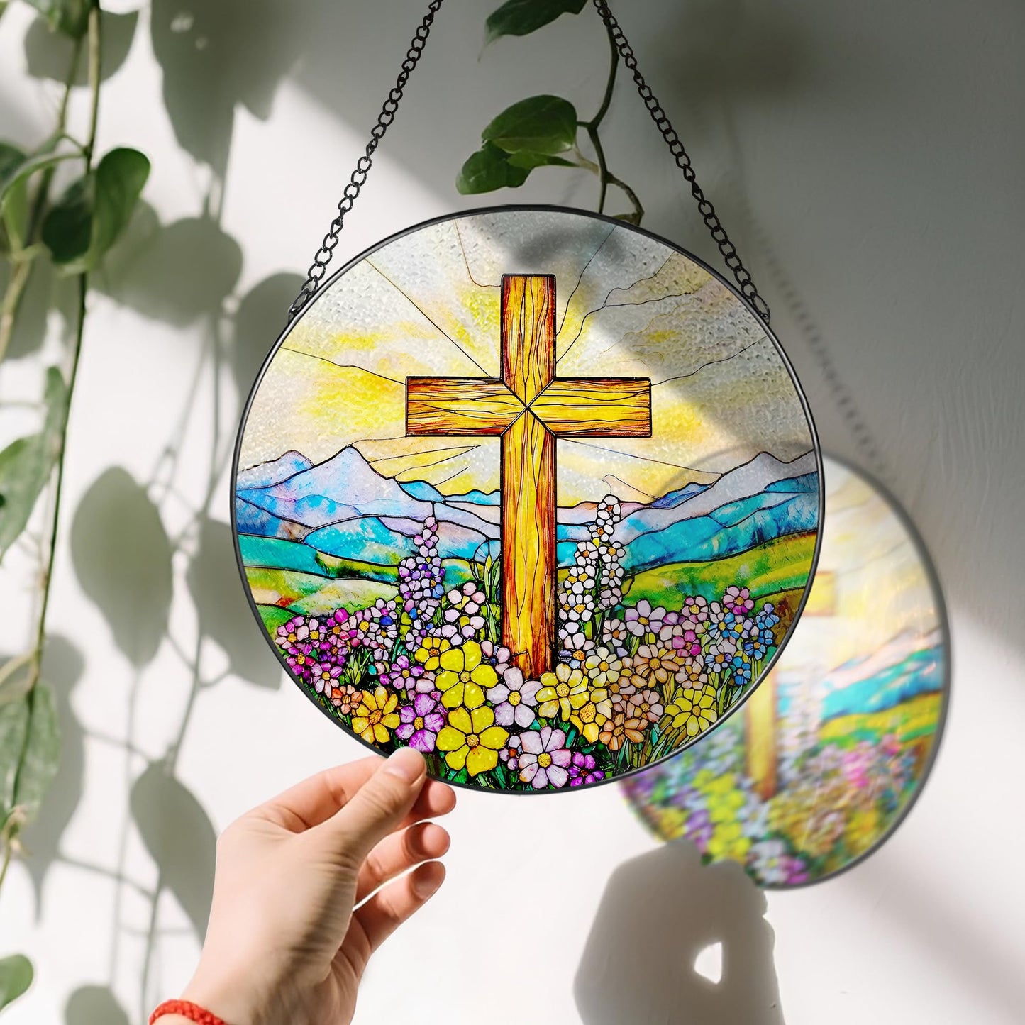 8 Inch Cross Wildflower Stained Glass Suncatcher, Christian Stained Glass Window Hanging, Religious Cross Sun Catcher, Easter Suncatcher Decor, Religious Gifts, Christian Gifts, Easter Gift