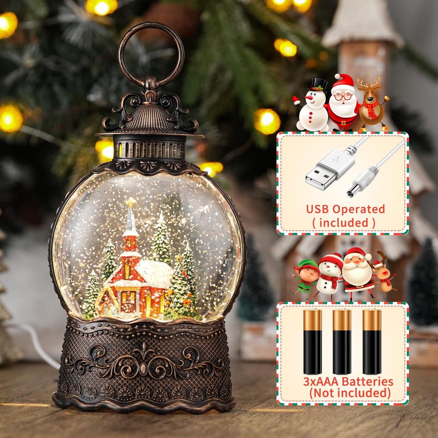 Snow Globe with Church, Light Up Christmas Snow Globes with Music Timer - USB Plug or Battery Operated Glitter Globe Indoor Christmas Decorations