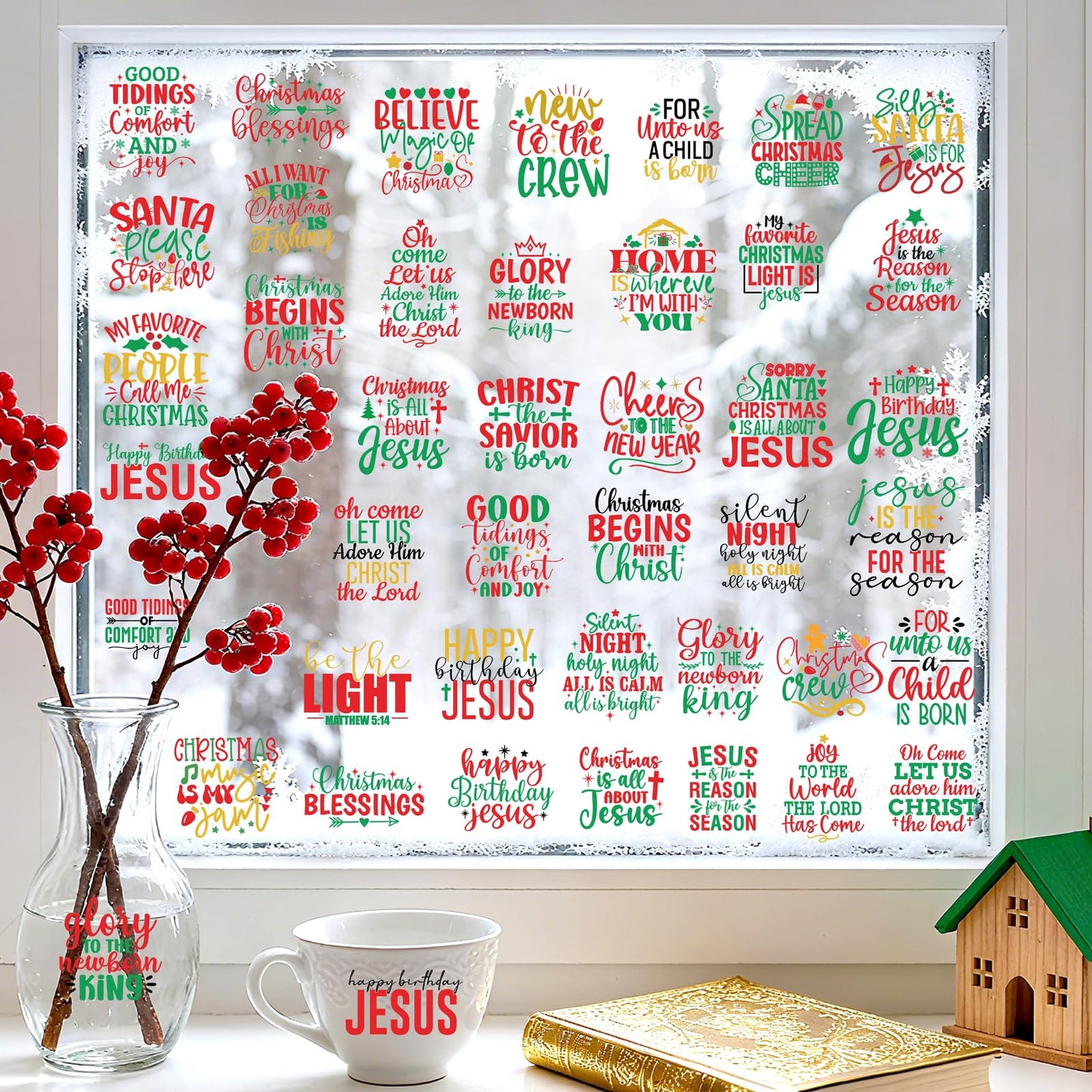 53 PCS Christmas Stickers for Crafts Nativity Decal Red Green Bible Decals Indoor Home Decorations Xmas Eve Vinyl Sticker for Ornaments Jesus Christian Religious Decal for Window Winter Holiday Gift