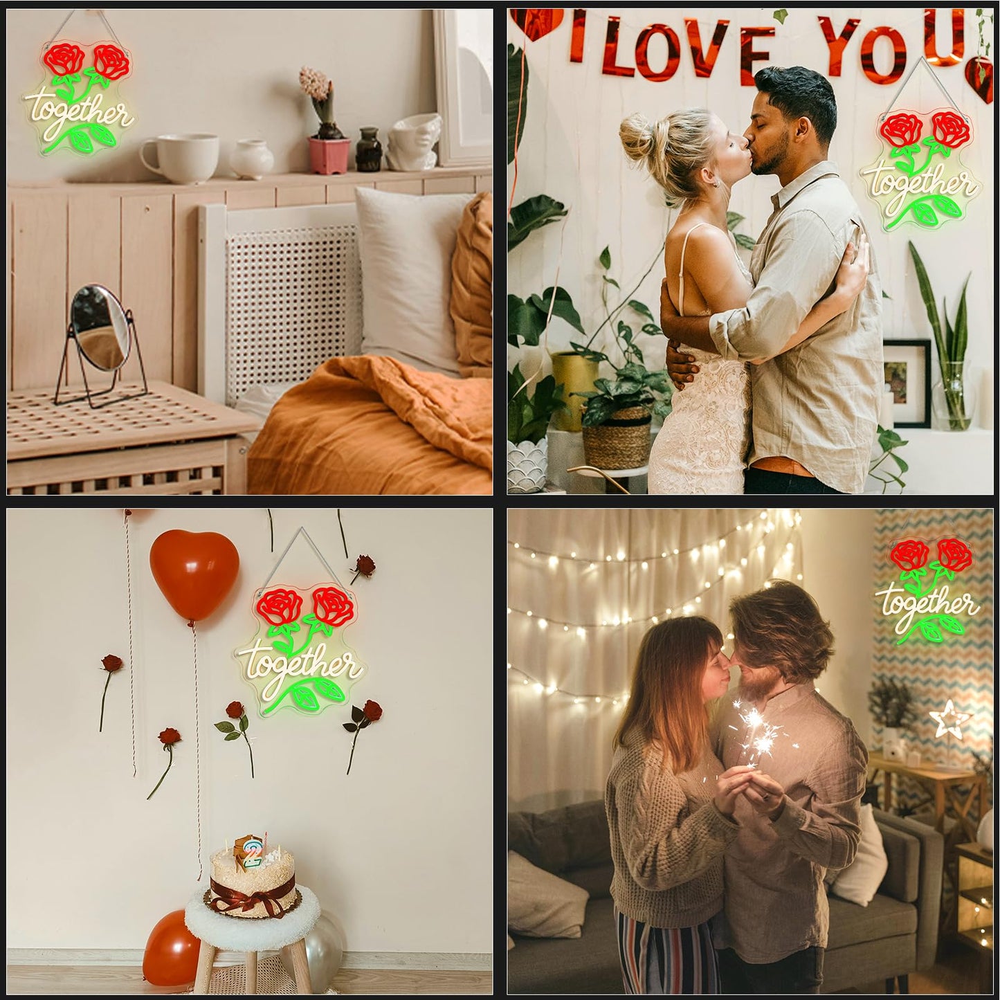 Looklight Together Neon Sign Wedding Neon Signs for Wall Decor Flower Light Happy Anniversary Sign Rose Wall Decor Led Lights for Anniversary Celebration Wedding Party Bedroom Home Decorations Gifts