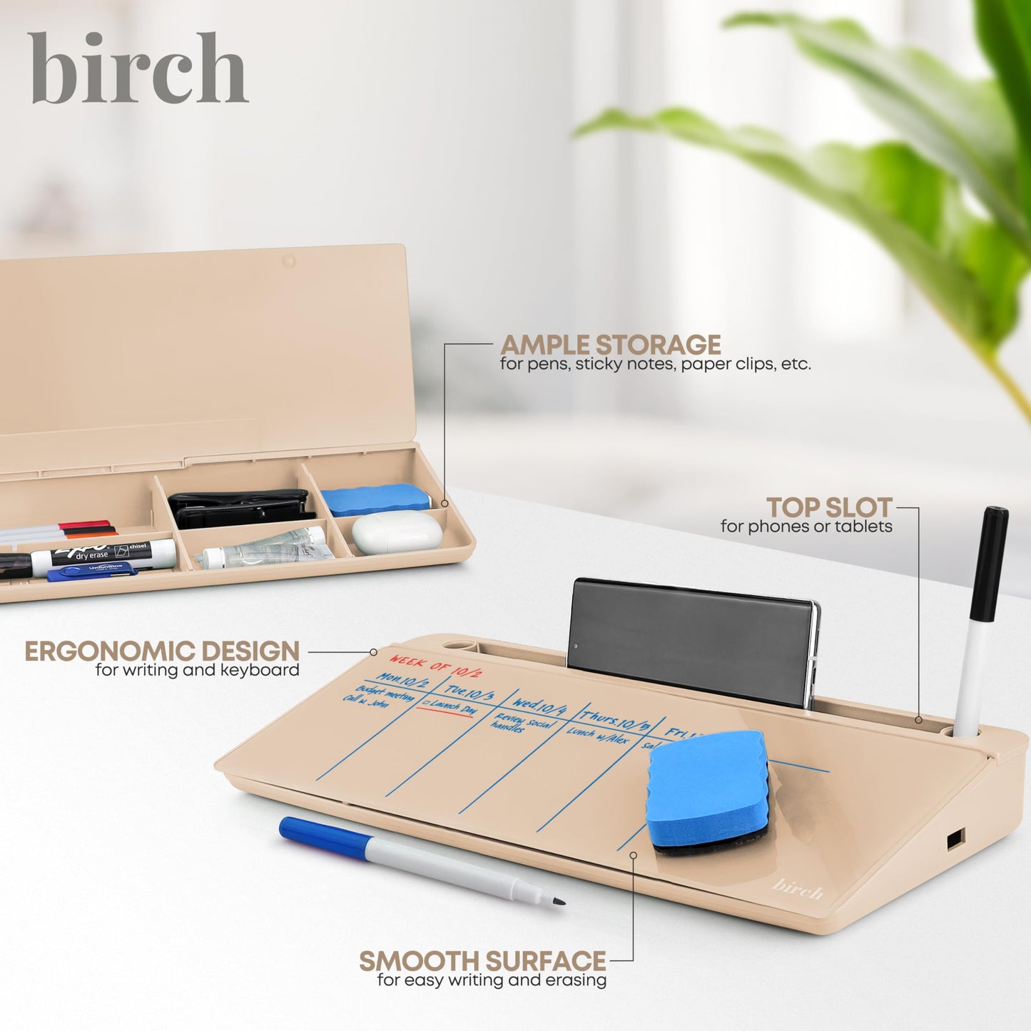 Birch Small Desktop Whiteboard – Glass Dry Erase Board Desk Pad Keyboard Stand with Storage Compartment Adjustable Dividers 3 Markers, Eraser & Holder – Perfect for Office, Home, & School (Sand)