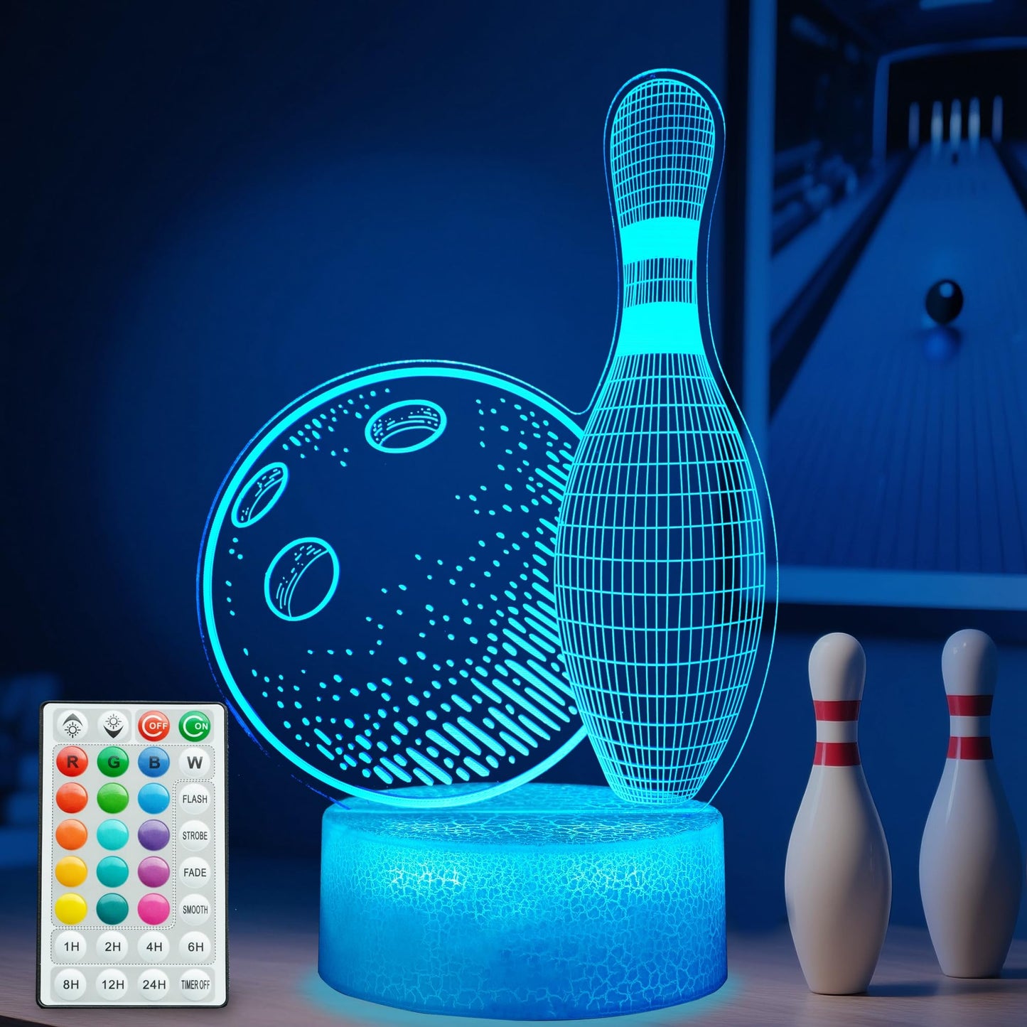 POSSHE Bowling Night Light, Bowling Gifts 3D Illusion Lamp with 16 Colors Changing, Timer, 4 Flash Modes and Dimmable, Kids Boys Girls Room Decoration, Holiday Xmas Gifts