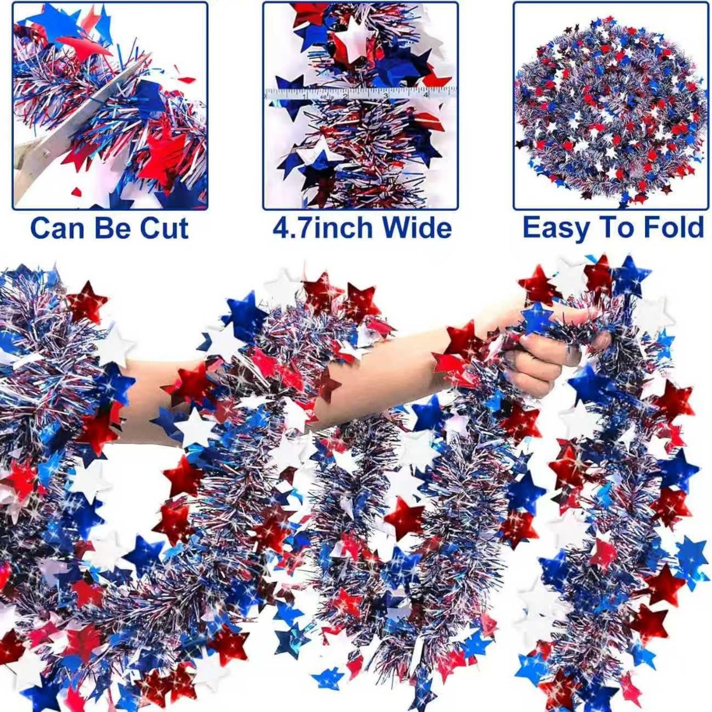 YunPuff 50 Ft Patriotic Star Garland, Red White Blue Metallic Tinsel with 5-Pointed Stars, 4th of July & America 250th Anniversary Decorations for Independence Day Party Mantle Porch Fireplace