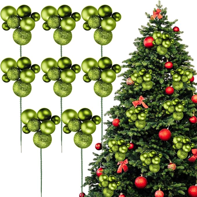 8 Pcs Fruit Green Christmas Tree Picks 7.87 Inch Christmas Balls Ornaments Xmas Hanging Peppermint Decorations for Xmas Tree Topper DIY Wreath Holiday Floral Vase Fillers Crafts Home Decor