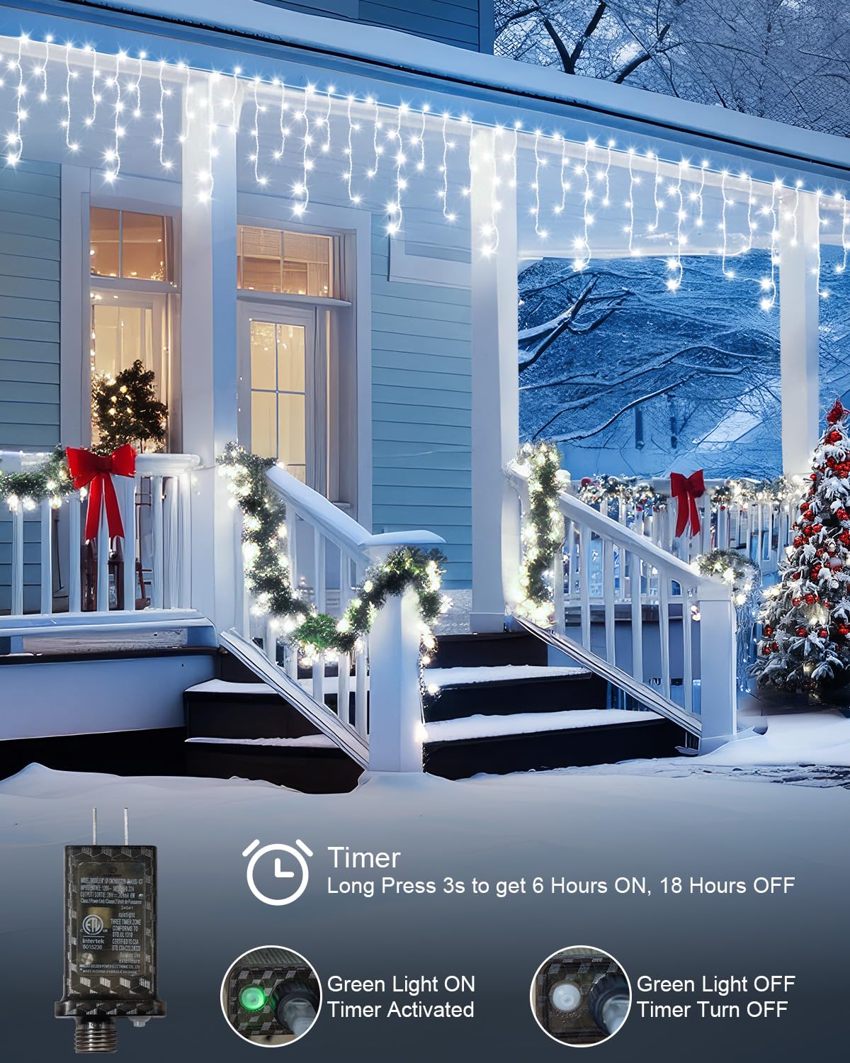 Christmas Lights Outdoor, 53 FT 486 LED Christmas Light for Outside, Timer & Memory, Plug in 8 Modes Hanging Fairy Light with 108 Drops for House Eaves Yard Patio Holidays Decorations, Cool White