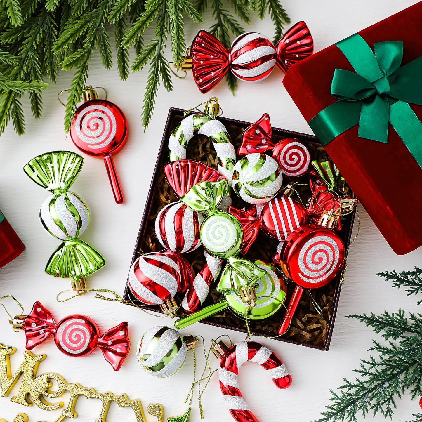 Liliful 30 Pcs Christmas Candy Cane Lollipop Ornaments Set Plastic Holiday Peppermint Candy Home Hanging Ornament Lollipop with Rope for Xmas New Year Party Decor(Red Green White)