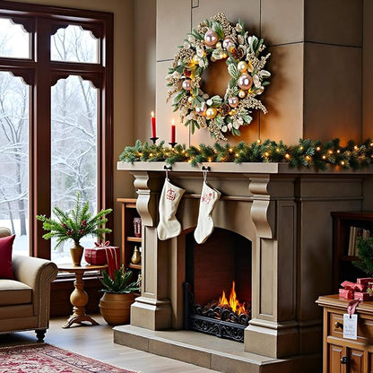 YULETIME 24" Christmas Wreath, Artificial Holiday Wreath with Baubles, Berries, Leaves, Spruce Branches, Snowy Pine Needles (Pink Bauble)