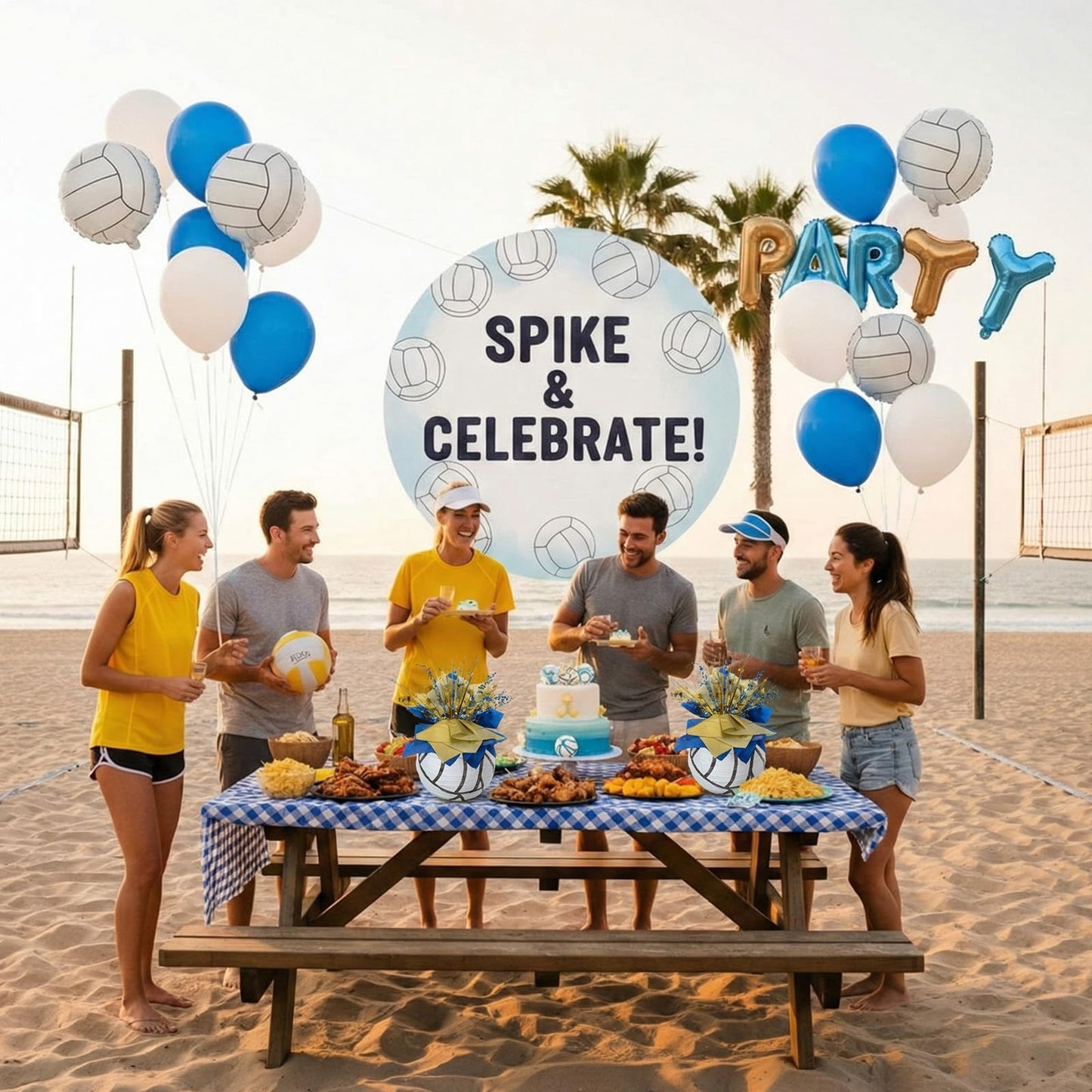 Glooglitter Volleyball Paper Lantern Centerpiece Set Volleyball Table Decor with Metallic Foil Star Spray Branches Wrapping Paper and Ribbon for Sport Birthday Party Supplies(Blue and Gold,14 Pcs)