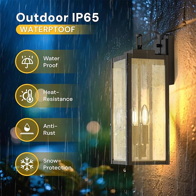L LOHAS LED 18 Inch Dusk to Dawn Outdoor Wall Lights, 2-Light Black Outdoor Wall Sconce Lantern with Clear Glass Shade, Tall Transitional Exterior Light Fixtures for Porch, Garage, ETL Listed, 2 Pack