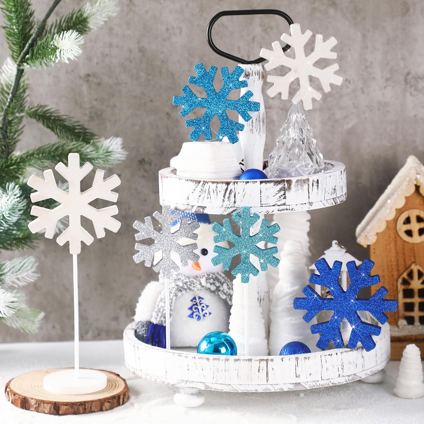 Purpeak 6 Pcs Winter Snowflake Table Decorations Tall Standing Snowflake Wood Block Sign Winter Wooden Snowflakes Standing Table Sign Blue Snowflakes Tabletop Decor for Xmas Winters Party Decoration