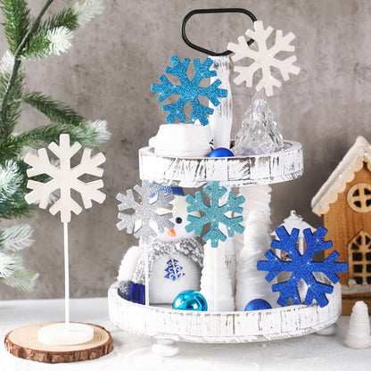 Purpeak 6 Pcs Winter Snowflake Table Decorations Tall Standing Snowflake Wood Block Sign Winter Wooden Snowflakes Standing Table Sign Blue Snowflakes Tabletop Decor for Xmas Winters Party Decoration