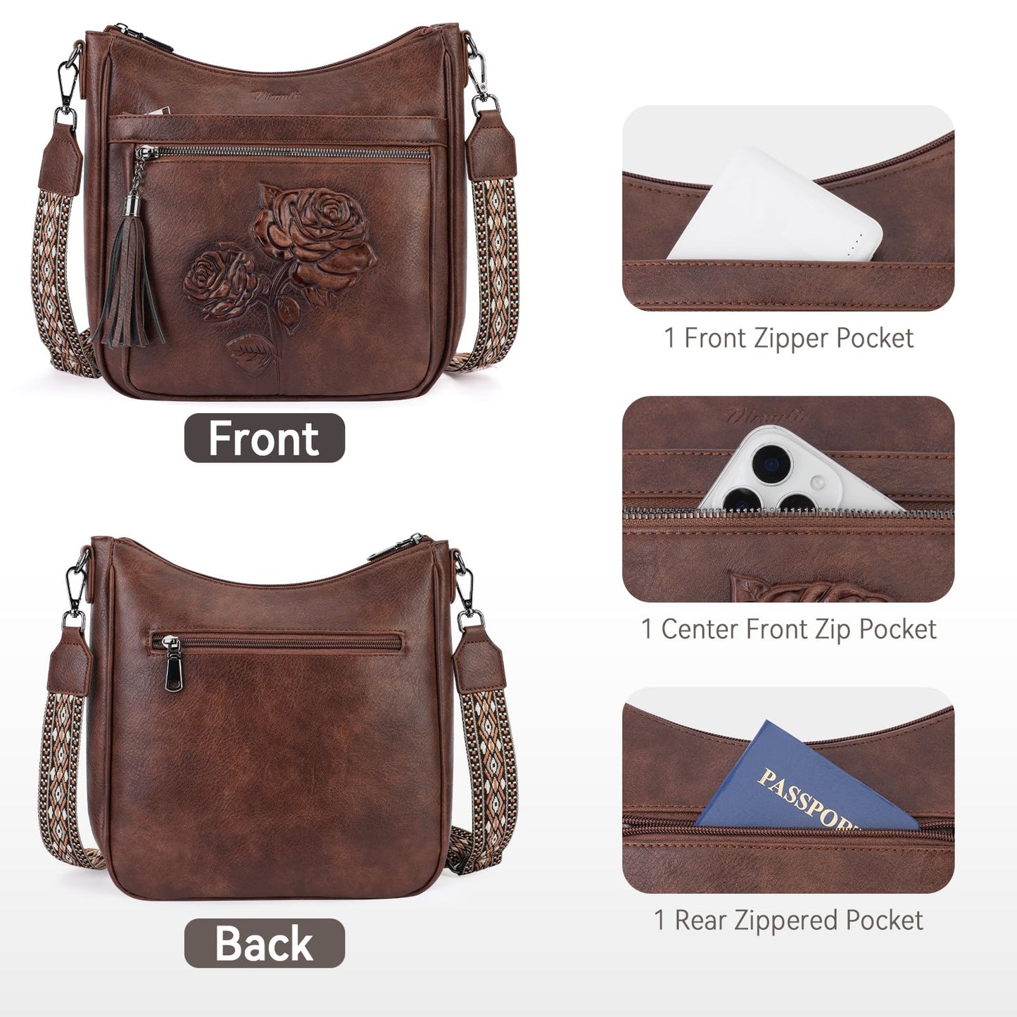 VIMUTI Crossbody Bags for Women Trendy Vegan Leather Hobo Purses for Women Embossed Flower Shoulder Handbags Bucket Bag (03-Coffee)