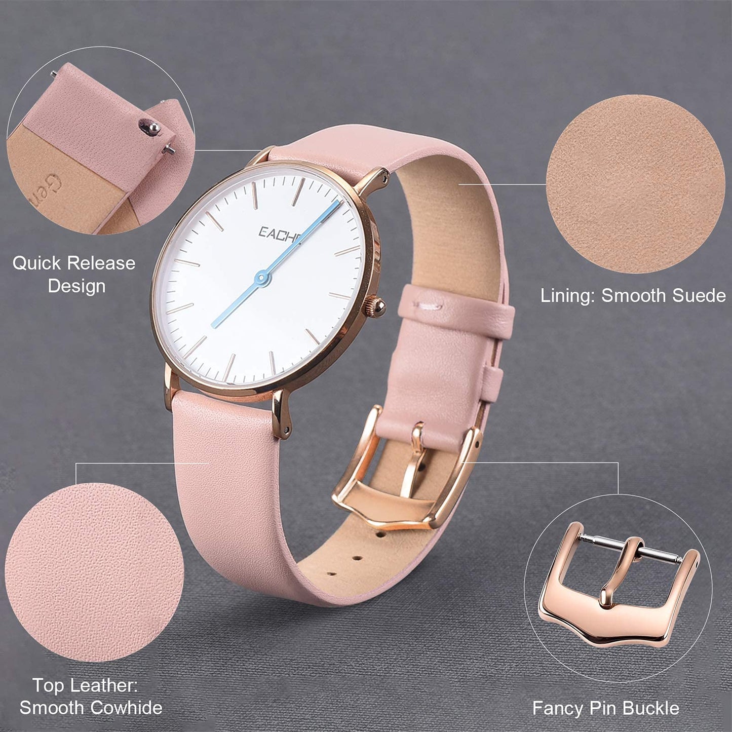 EACHE Women Pink Leather Watch Bands Quick Release 12mm Thin Leather Watch Straps for Ladies With Rose Gold Buckle