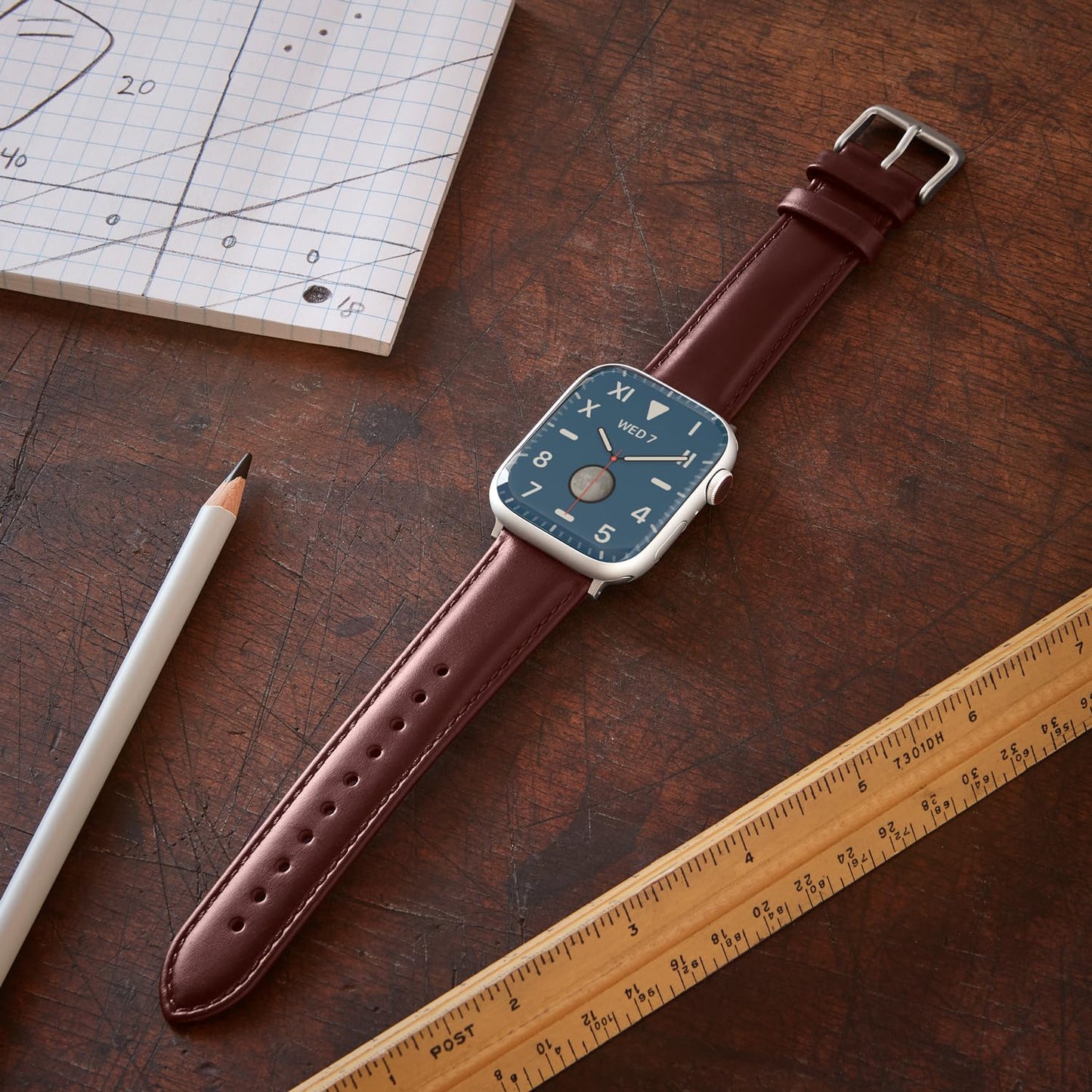 Archer Watch Straps - Top Grain Leather Straps for Apple Watch (Mahogany/Matched Thread, Matte Silver Hardware, 44/45/46/49mm)