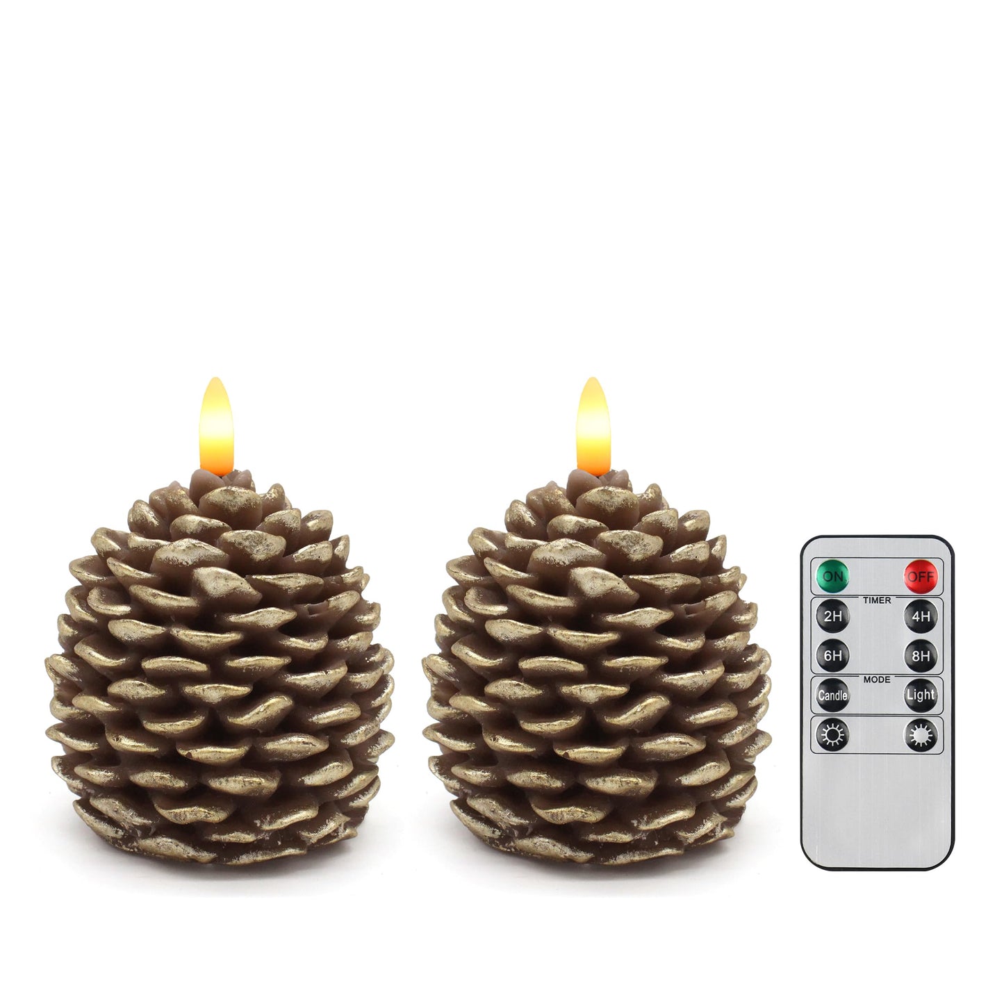 CVHOMEDECO. Pine Cone Candles Battery Operated Pinecones with Remote and Timer, Pine Cones Candle LED Flameless Flickering Candles for Fall, Christmas Decor. Golden-Brown, H 4.8 Inch, Pack of 2