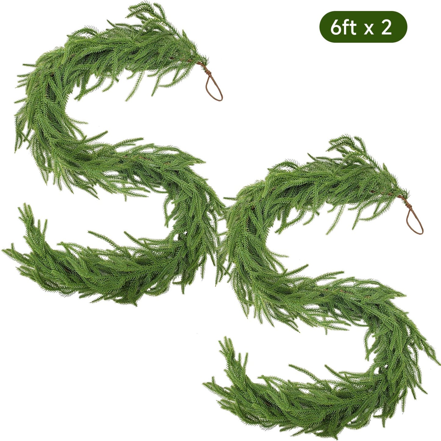 Calyxir 2 Pack 6 FT Norfolk Pine Garland, Real Touch Faux Greenery Garland, Bendable Artificial Pine Branches for Mantle, Staircase, Table, Indoor and Outdoor Christmas Decor