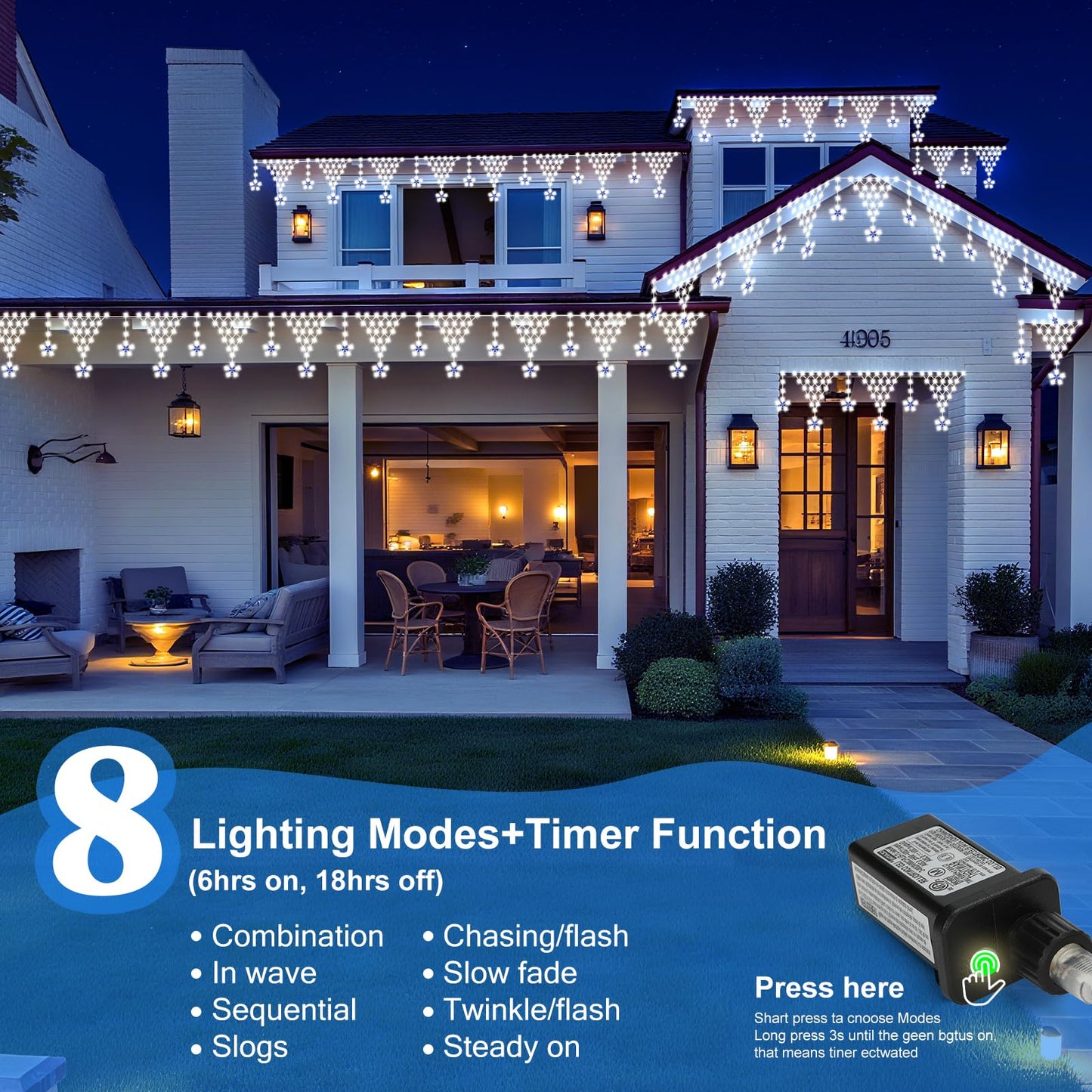 Ramadan Outdoor String Lights Waterproof, 218 LED 13.8FT Star Curtain Fairy Lights with 12 Drops Connectable Clear Wire Christmas Light Decorations 8 Modes for Eaves Yard Wedding Party Holiday Decor