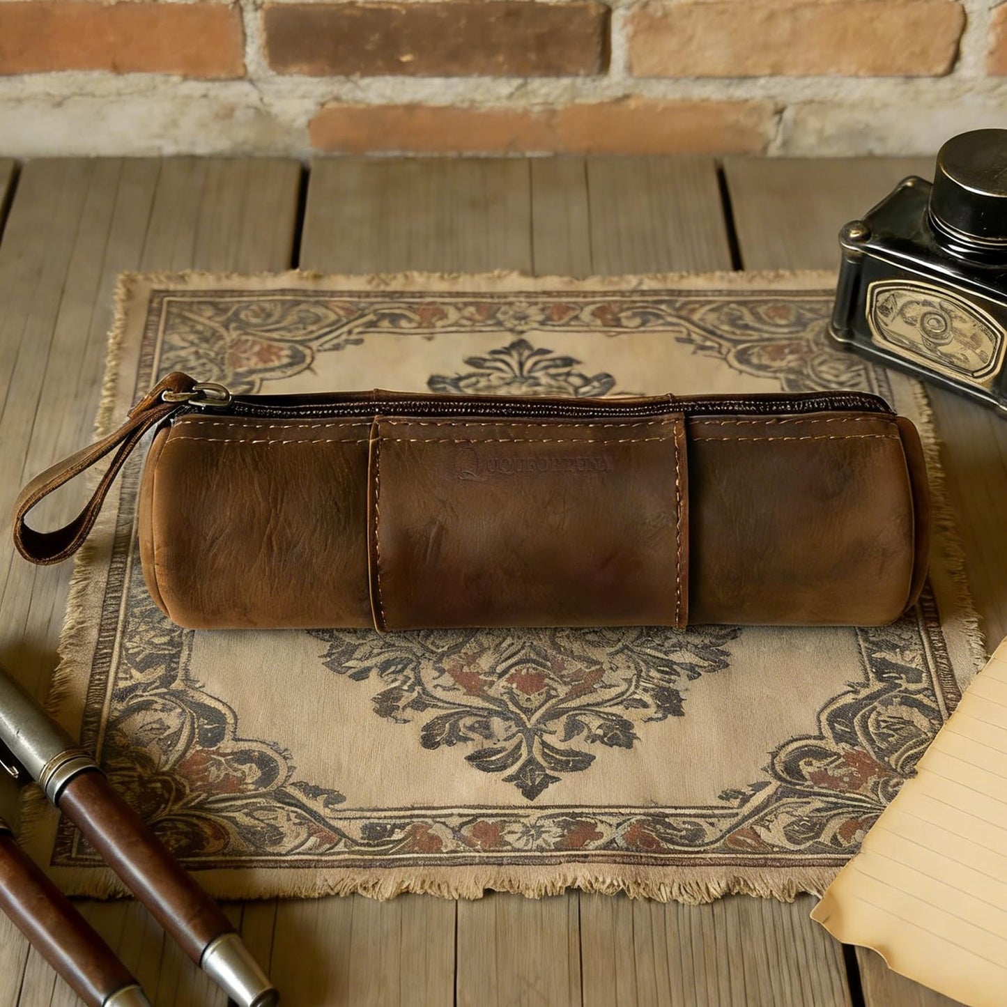 ququfortuna leather pencil case set -2pcs full grain leather zippered pen pouch bag, handmade stationery storage, elegant gift with high-end pencil pouch (brown set) (SET)
