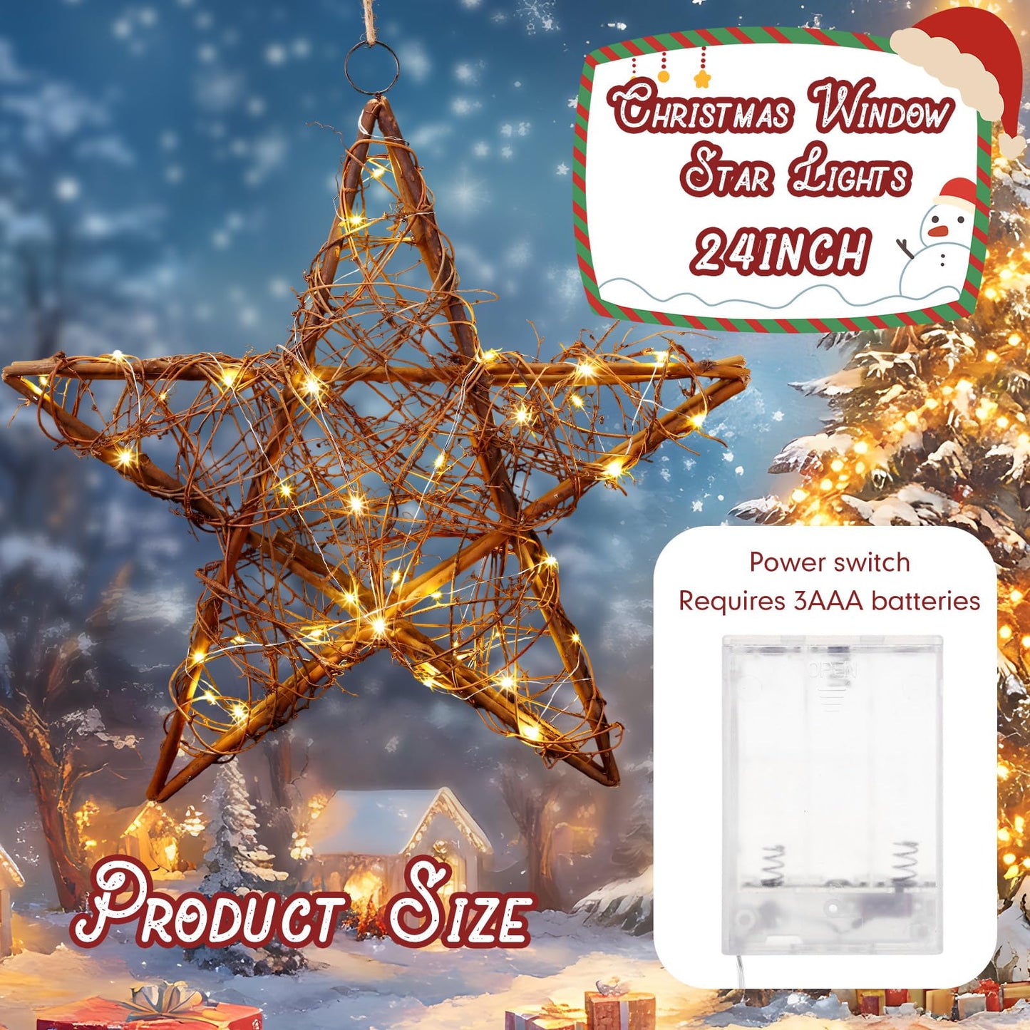 Retisee 24" Extra Large Christmas Star Window Lights Rustic Rattan Hanging Star Lights Battery Operated Rattan Natural Christmas Window Decorations Lamp for Door Porch Home Xmas Tree Outdoor Indoor