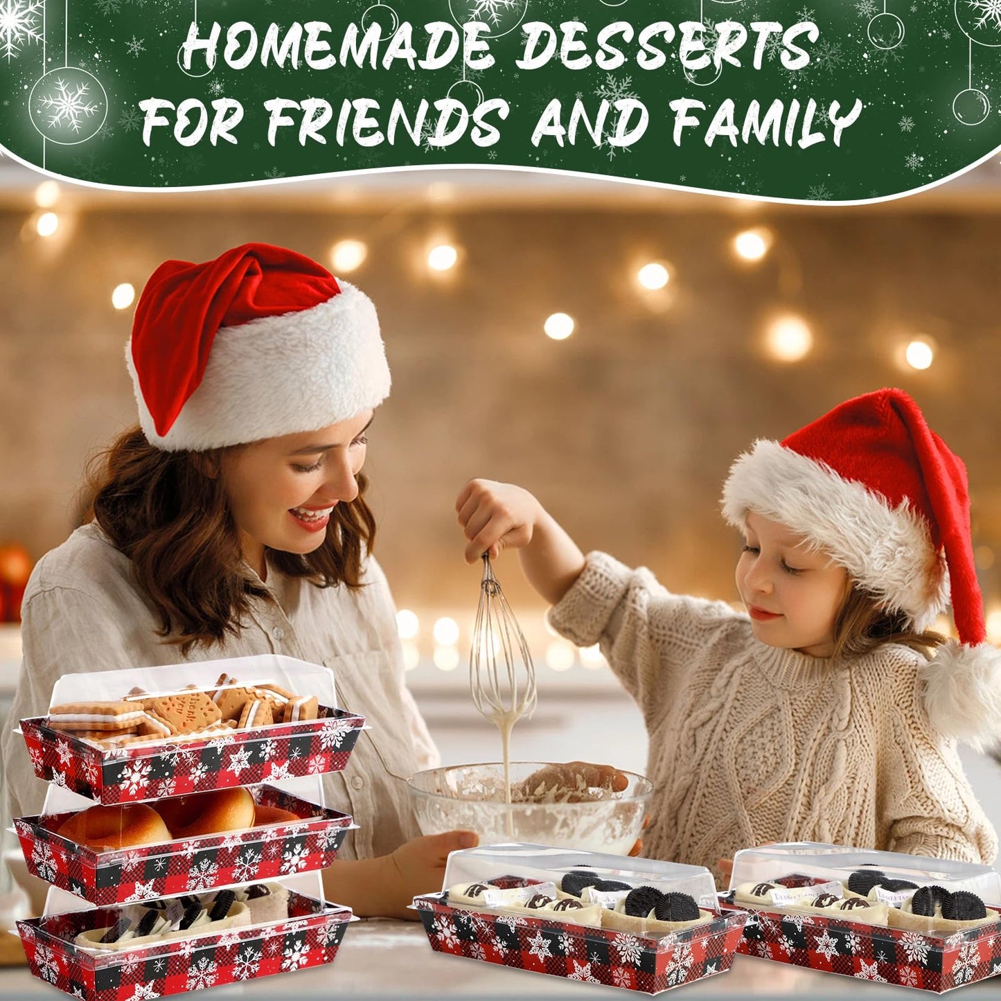 Bokon 100 Pack Christmas Charcuterie Boxes with Clear Lids, Red and Black Snowflake Cookie Boxes with Window, Disposable Food Containers Candy Treat Gift Tins for Sandwich, Cookie, Cake Slice