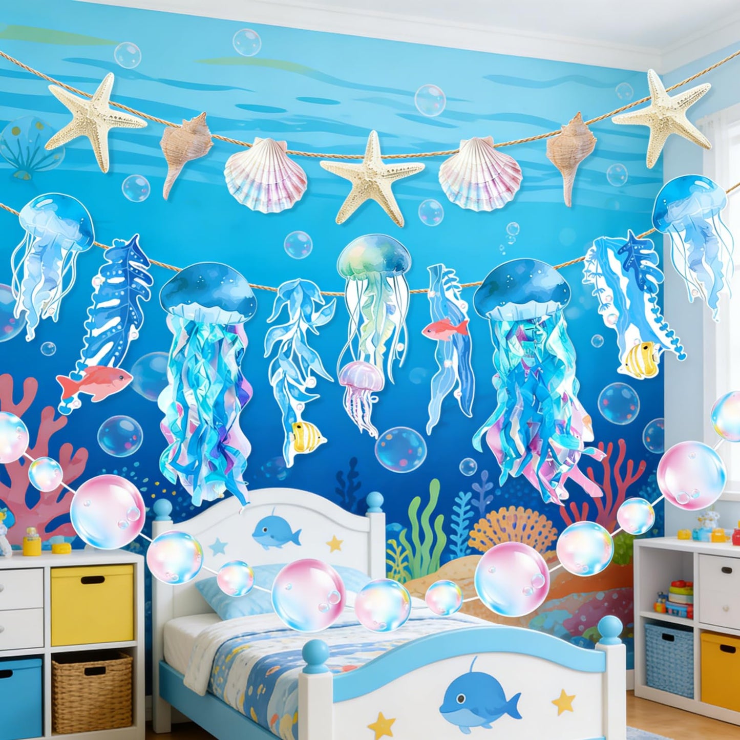 SUNBEAUTY Starfish Seashell Banner Under The Sea Party Decoration Jellyfish Hanging Garland 9.8ft Blue Bubble Garlands for Ocean Beach Theme Birthday Decor Mermaid Summer Party Decor