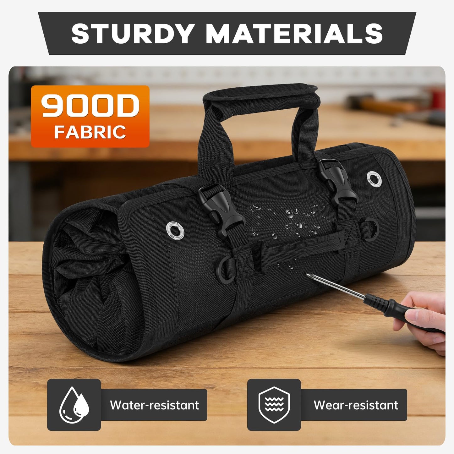 ANILD Roll Up Tool Bag Organizer, Heavy Duty Portable Tool Roll Organizer Bag with 2 Detachable Pouches, Father’s Day Gift, Gifts for Men, Electrician, Mechanic& Hobbyist (Black, Large)
