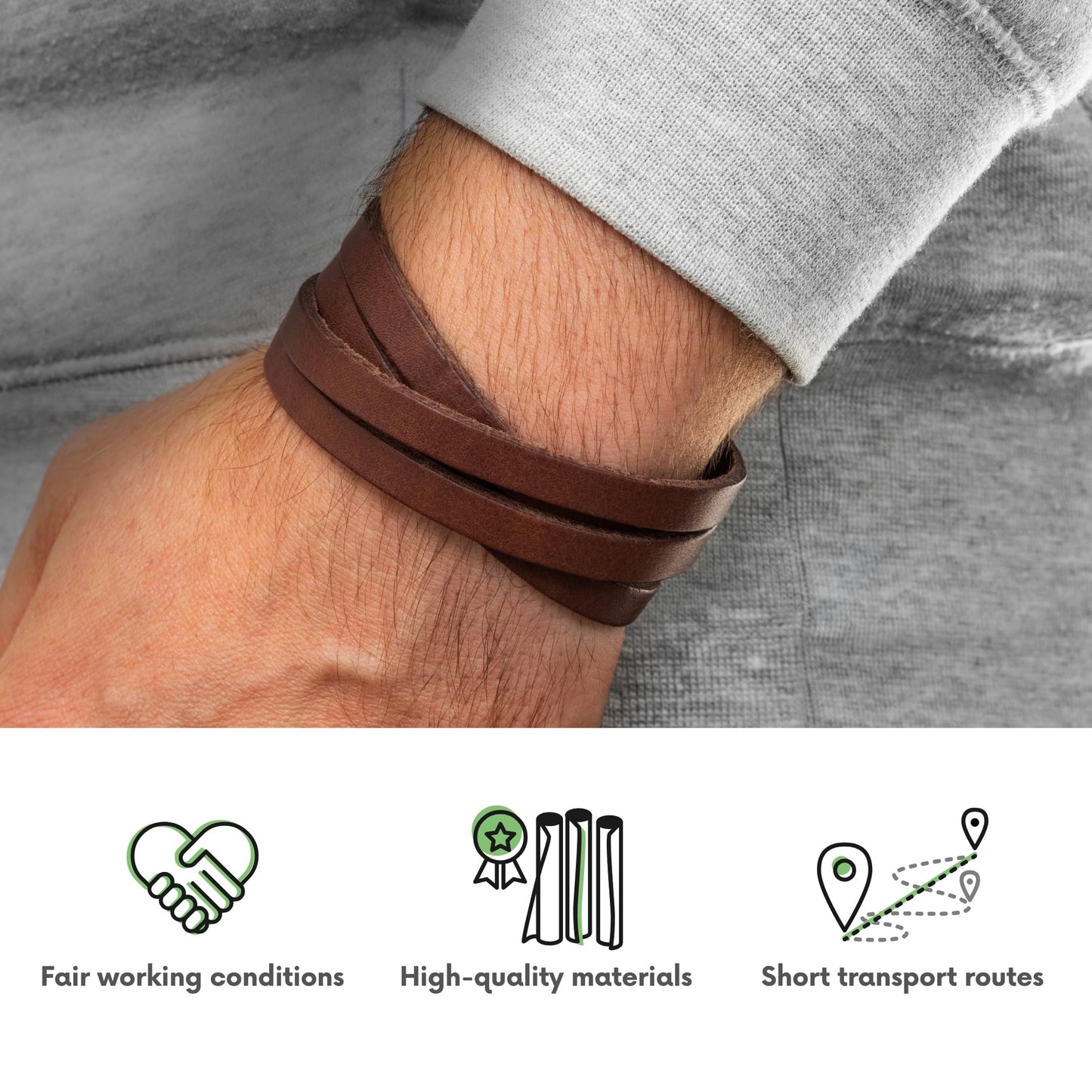 Simaru Genuine Italian Leather Bracelet for Men, Adjustable Double-Wrap Wristband, Vegetable-Tanned Leather, Brass Closure, Handmade in Germany, Gift for Him