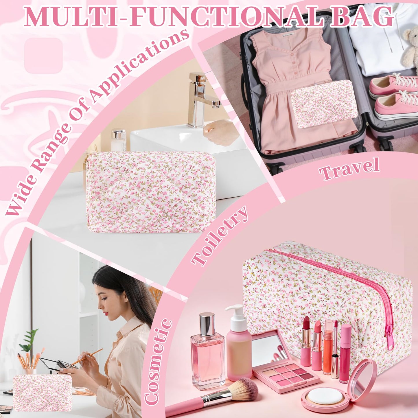 URSKYTOUS Quilted Makeup Bag Floral Large Cute Cosmetic Bag Cotton Puffy Makeup Organizer Coquette Travel Makeup Pouch Aesthetic Portable Zipper Toiletry Storage Bag for Women Girls (Pink)