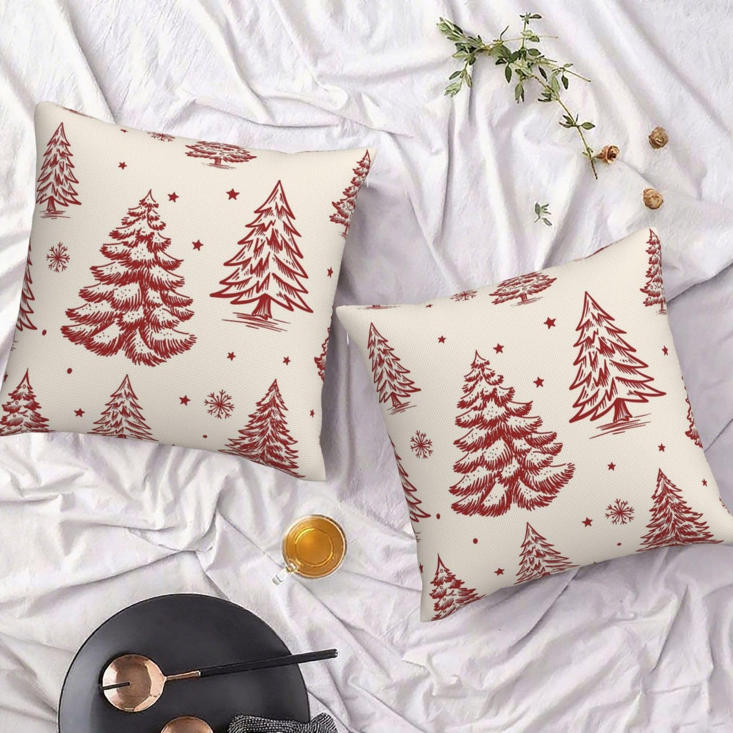 ALNMVVON Christmas Tree Pillow Covers Xmas Red and Cream Pine Tree Decorative Throw Pillows Covers 18x18 Inch Set of 2 Winter Xmas Holiday Pillowcase Farmhouse Cushion Cover for Couch Sofa Bedroom