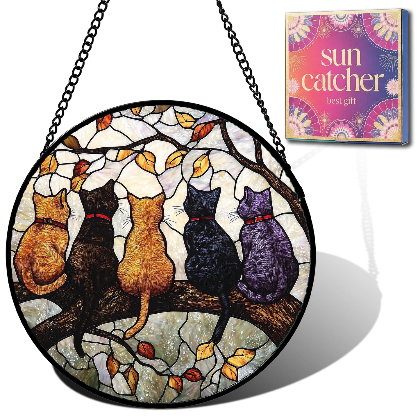 Birthday Gifts for Women - The 5 Cats in the Tree Faux Stained Glass Window Hanging Sun Catcher Mother's Day for Mom Nana Friend Grandma Wife and Door Garden Acrylic Home Decor 7.8"