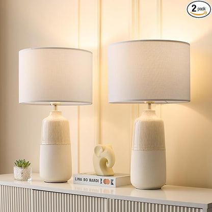 Tall Ceramic Table Lamp Set of 2, White Lamps for Bedroom Farmhouse Rustic Lamp Set Bedside Nightstand Lamps Set of Two Side Table Lamps for Living Room, 22IN