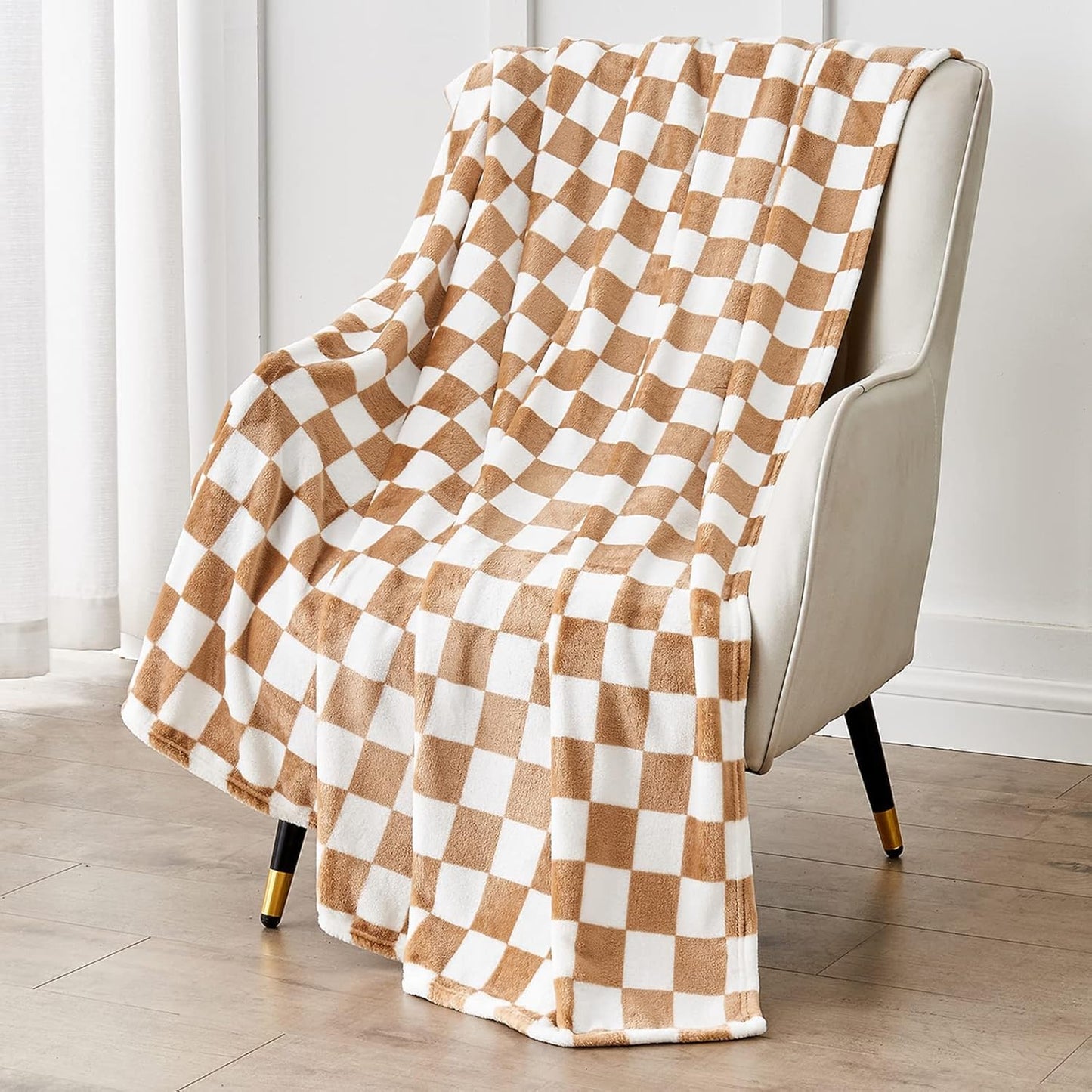 Edenleaf Checkered Blanket Flannel Throw Blankets Soft Cozy Checkered Grid Print Chessboard Gingham Pattern Throws for Bed Sofa Couch for All Seasons, 50x60 Inch, Blonde