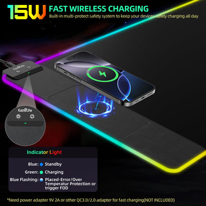 Wireless Charging Mouse Pad, RGB Gaming Mousepad, 31.5"x15.7" Extra Large Desk Pad, 13 Light Modes, Ultra-Smooth Surface, Non-Slip Base, Waterproof Computer Keyboard Mat for MacBook, PC, Laptop, Black