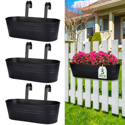 OGIMA Railing Planter Box, 3 Pack 16" Large Hanging Planters for Outdoor Plants with Adjustable Wide Hooks for 2.7'' Railings, Balcony Planters Railing Hanging for Deck, Fence & Patio Decor