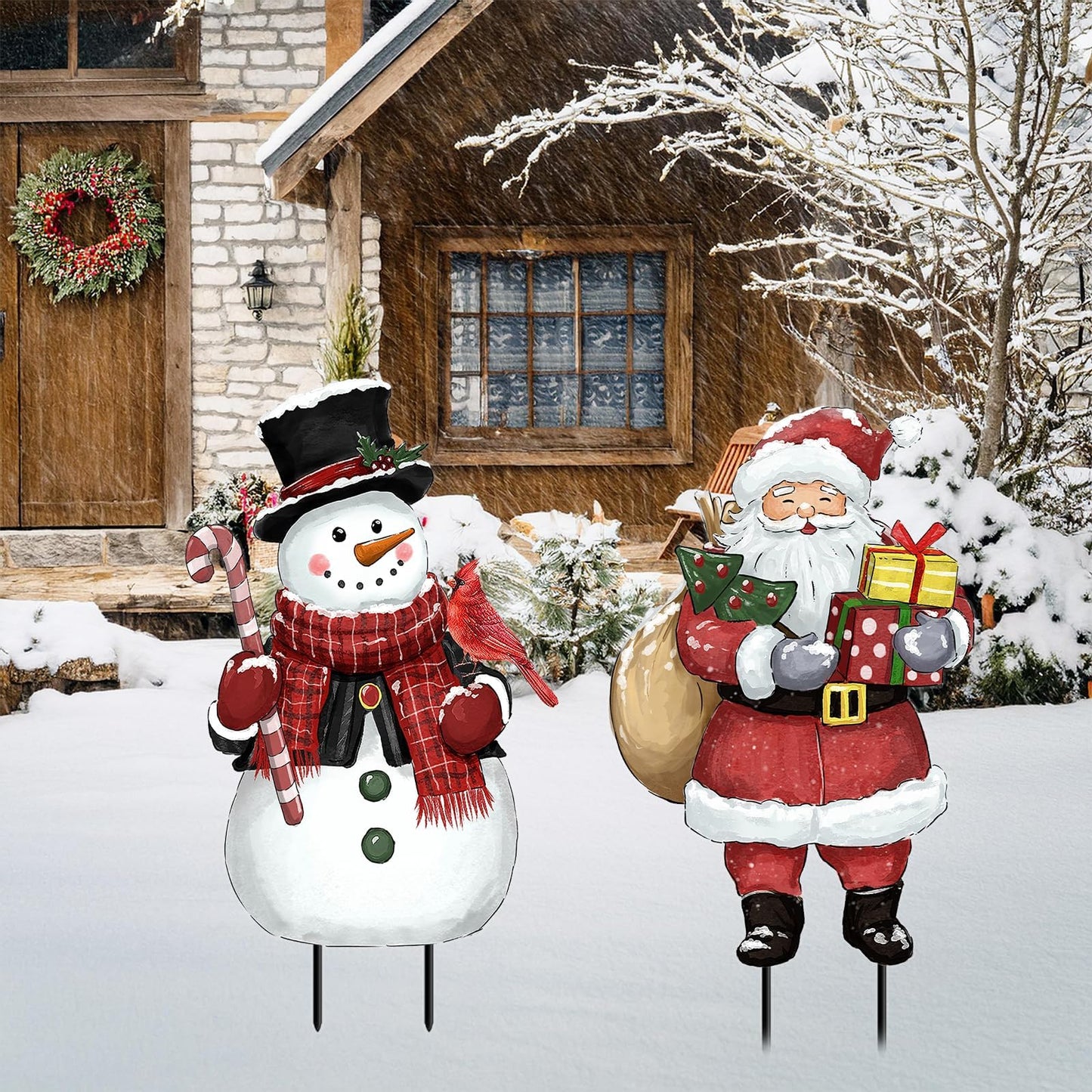 Christmas Decorations Outdoor, Snowman and Santa Claus Metal Yard Signs with Stakes, Xmas Winter Decorative Signs for Garden House Lawn Pathway Patio Outside