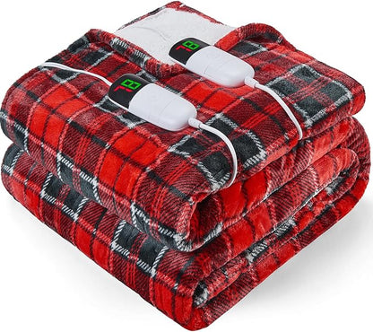 Electric Heated Blanket King Size, 90X100 Christmas Blanket with Dual Control&10 Heats Levels&Timer for Bed,Large Red Plaid Soft Sherpa Heating Blankets Warmer Gifts for Grandma Women Adults