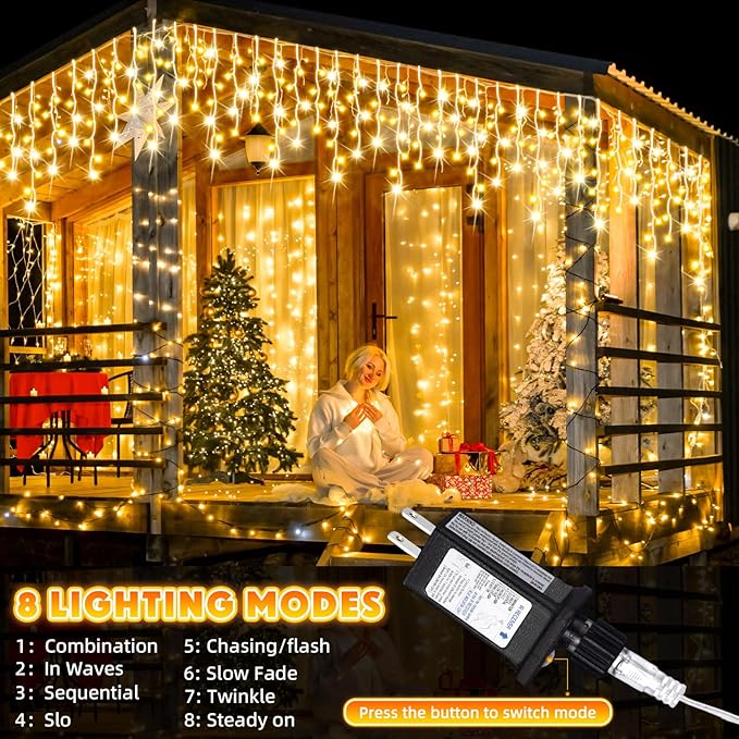 132Ft 1280 LED Christmas Icicle Lights Extra Long 8 Modes Waterproof Icicle String Lights with 240 Drops, Fairy Hanging Lights Decor with Remote for Xmas Wedding Indoor Outdoor(Warm White)