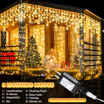 132Ft 1280 LED Christmas Icicle Lights Extra Long 8 Modes Waterproof Icicle String Lights with 240 Drops, Fairy Hanging Lights Decor with Remote for Xmas Wedding Indoor Outdoor(Warm White)