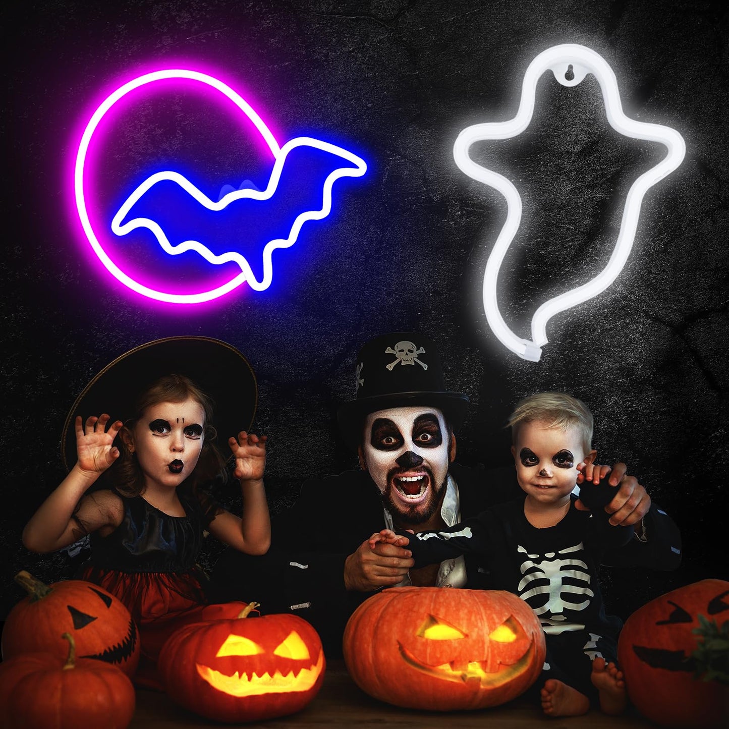 2 Pack Halloween Decoration LED Neon Sign Light,Ghost/Bat and Moon Lights Hanging Neon Signs for Halloween Party Indoor Home Window Decorations (Batteries not Included)