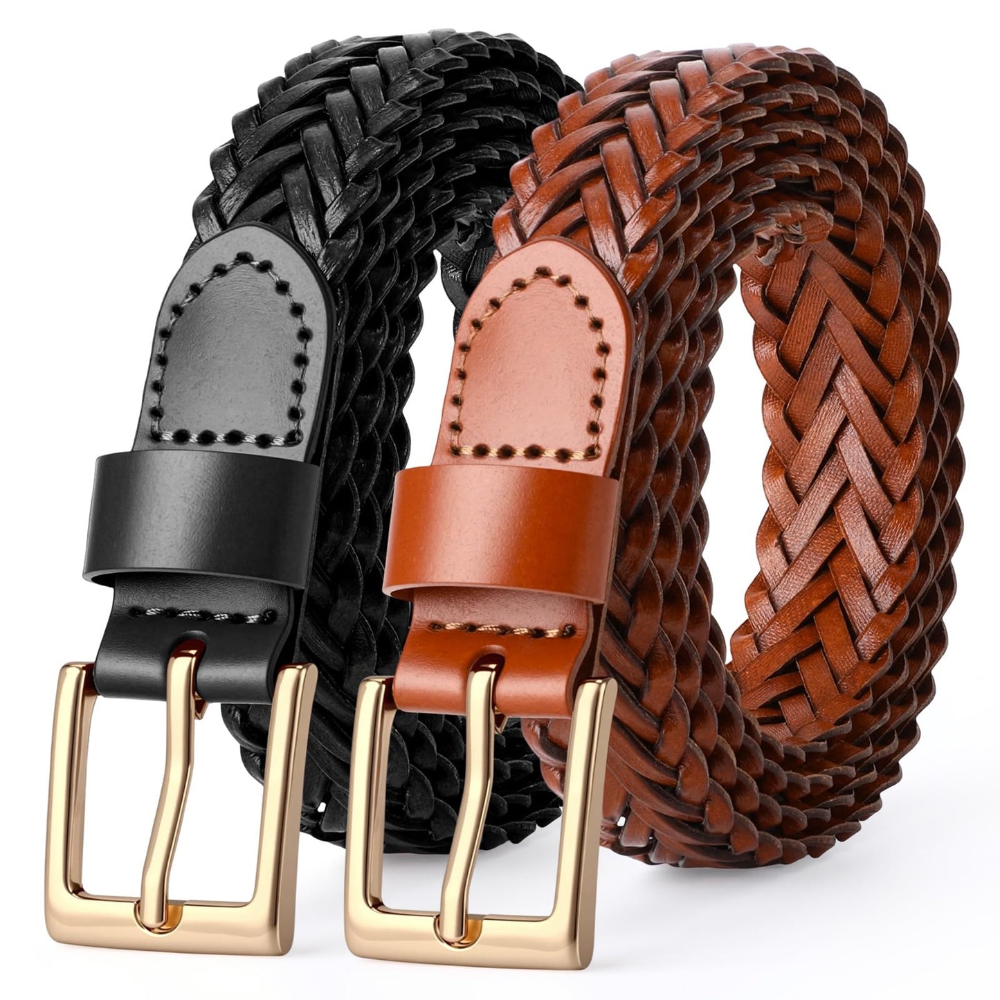 SANSTHS 2 Pack Women's Braided Skinny Leather Belts Casual Thin Woven Belt for Jeans Pants Dresses, Black+Brown S